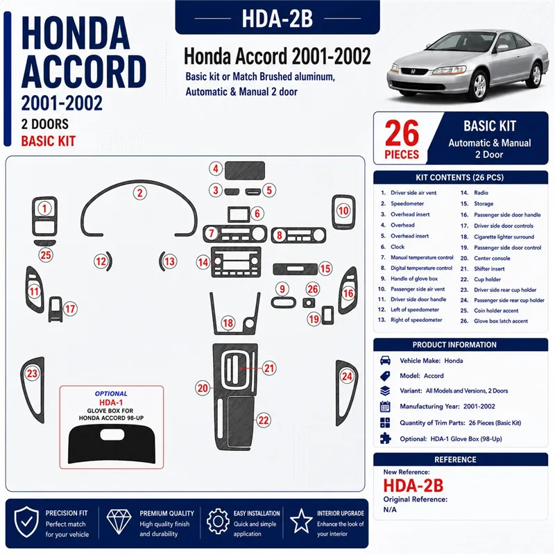 Honda Accord 2001-2002 2 porte; Basic Set kit rivestimento cruscotto e interni 3D 26 pezzi