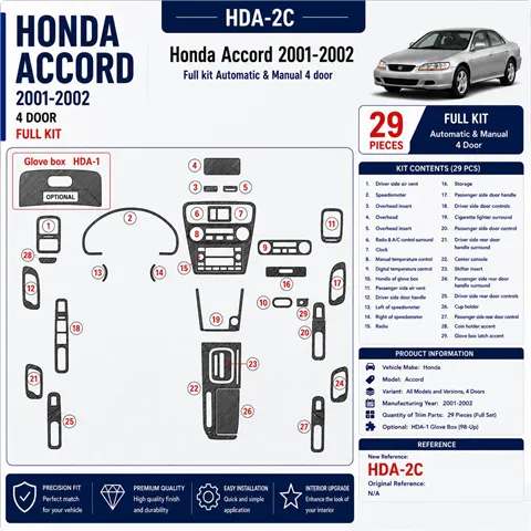 Honda Accord 2001-2002 4 Doors, Full Set, 29 delen set interieur dashboard decoratieset dashboard decor