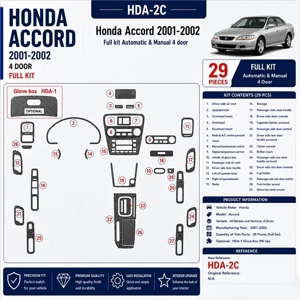 Honda Accord 2001-2002 4 portes, kit complet, 29 pièces kit décoration intérieure tableau de bord