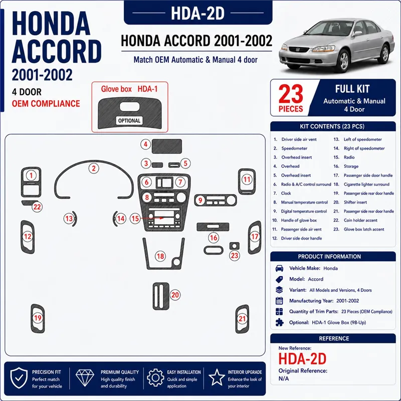Honda Accord 2001-2002 4 portes, conformité OEM, 23 pièces kit décoration intérieure tableau de bord