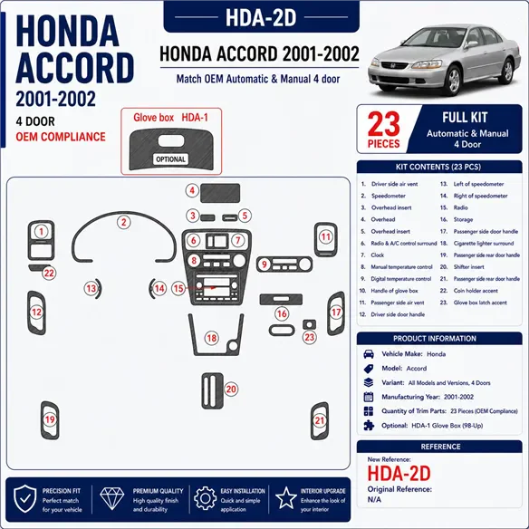Honda Accord 2001-2002 4 Doors, OEM Compliance, 23 delen set interieur dashboard decoratieset dashboard decor