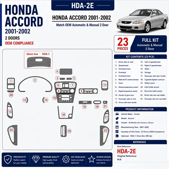 Honda Accord 2001-2002 2 Doors, compatibilidad OEM, 23 piezas set kit de molduras interiores para salpicadero