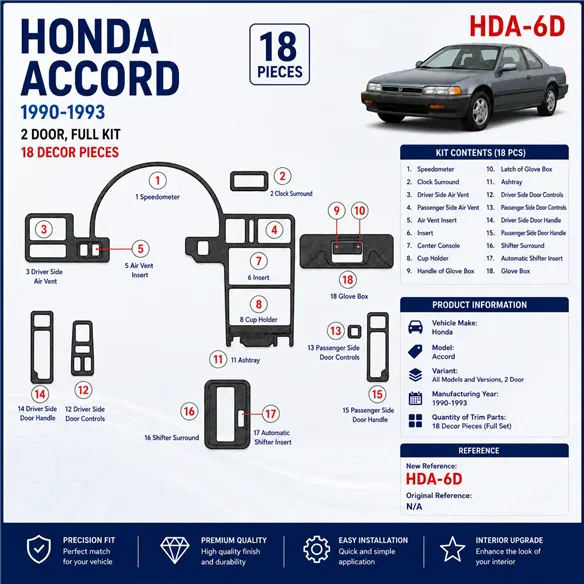 Honda Accord 1990-1993 2 portes, kit complet, 18 pièces kit décoration intérieure tableau de bord