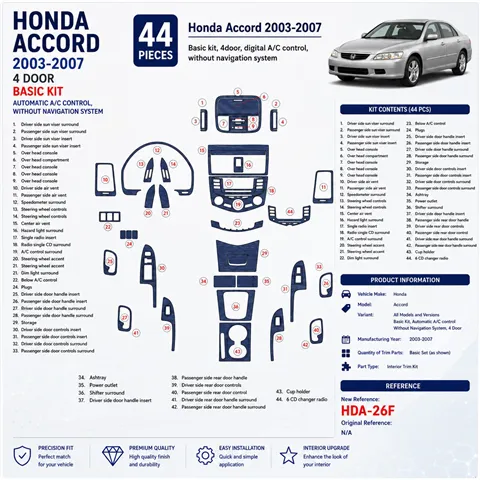 Honda Accord 2003-2007 Basic Set, Automatic A/C control, No Navi, 4 Doors interieur dashboard decoratieset dashboard decor