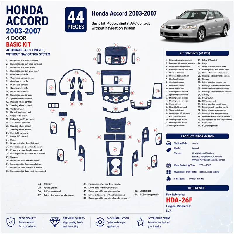 Honda Accord 2003-2007 Basic Set, Automatic A/C control, No Navi, 4 Doors Interior Dashboard Trim Kit Dash Trim Dekor