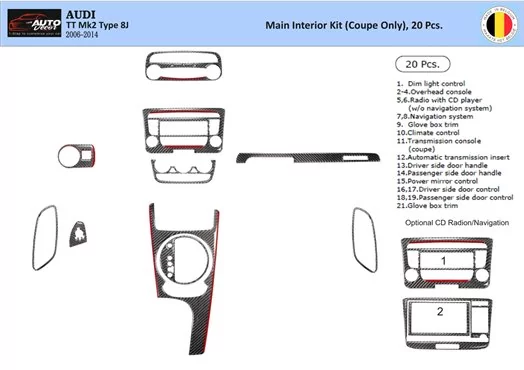 Audi TT 2008-2014-Coupe 3D Interior Dashboard Trim Kit Dash Trim Dekor 20-Parts