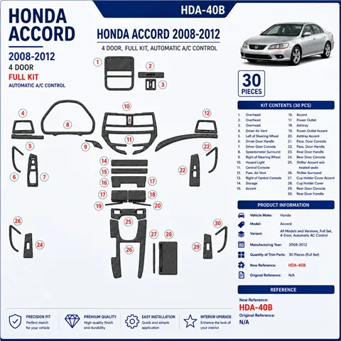 Honda Accord 2008-2012 Full Set, 4 Doors, Automatic AC Control Interior Dashboard Trim Kit Dash Trim Dekor