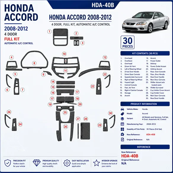 Honda Accord 2008-2012 Full Set, 4 Doors, Automatic AC Control Interior Dashboard Trim Kit Dash Trim Dekor