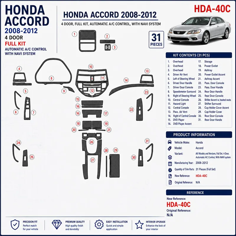 Honda Accord 2008-2012 juego completo, 4 Doors, Automatic AC Control, con navegador system kit de molduras interiores para salpi