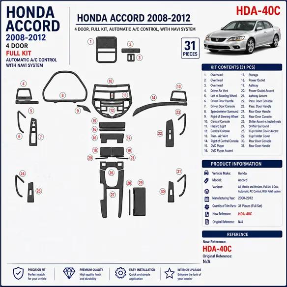 Honda Accord 2008-2012 Full Set, 4 Doors, Automatic AC Control, With NAVI system interieur dashboard decoratieset dashboard deco
