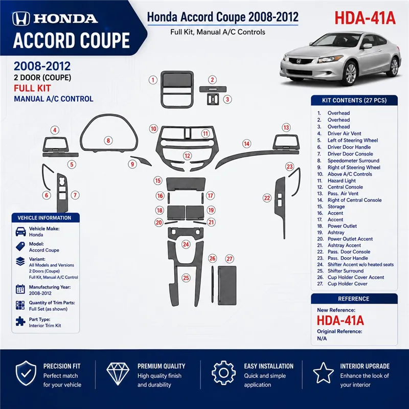 Honda Accord 2008-2012 juego completo, 2 Doors (Coupe), caja manual AC Control kit de molduras interiores para salpicadero