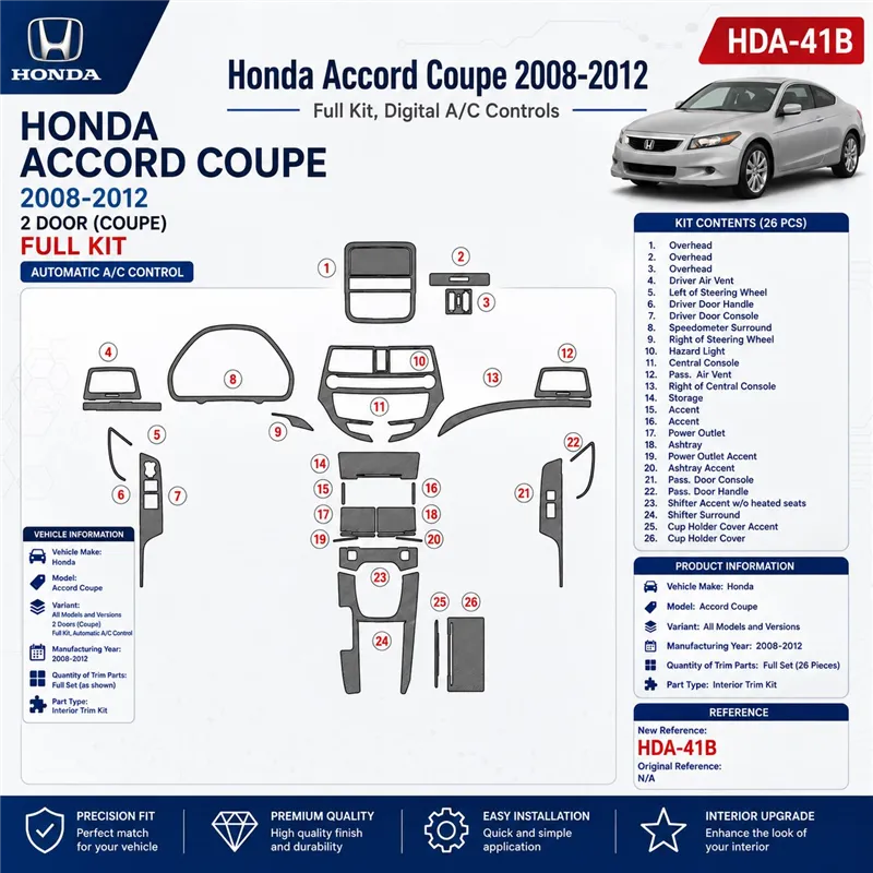 Honda Accord 2008-2012 juego completo, 2 Doors (Coupe), Automatic AC Control kit de molduras interiores para salpicadero