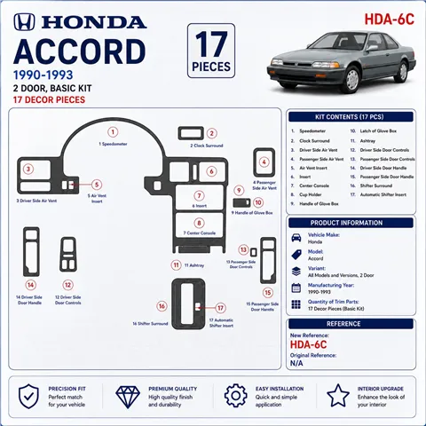 Honda Accord 1990-1993 2 Doors, Basic Set, 17 Parts set Interior Dashboard Trim Kit Dash Trim Dekor