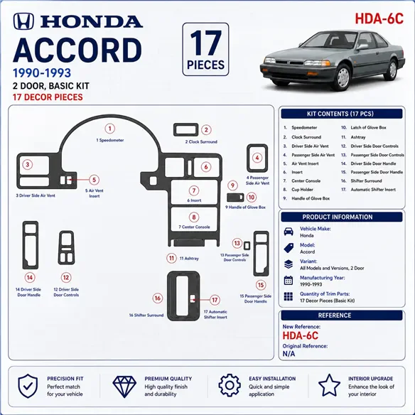 Honda Accord 1990-1993 2 Doors, Basic Set, 17 Parts set Interior Dashboard Trim Kit Dash Trim Dekor