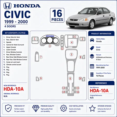 Honda Civic 1999-2000 4 Doors 16 Parts set Interior Dashboard Trim Kit Dash Trim Dekor