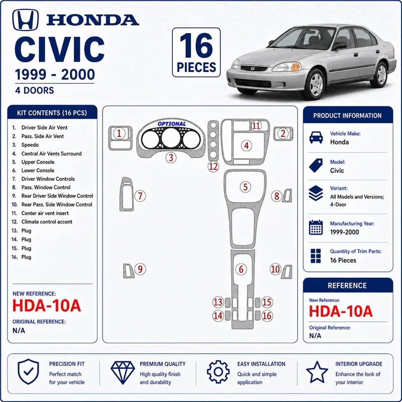 Honda Civic 1999-2000 4 Doors 16 Parts set Interior Dashboard Trim Kit Dash Trim Dekor