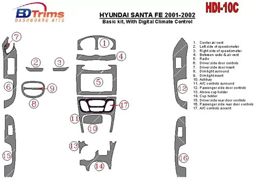 Hyundai Santa Fe 2001-2002 Paquet de base, Avec Automatic Climate Control, 17 Parts set BD Kit la décoration du tableau de bord 
