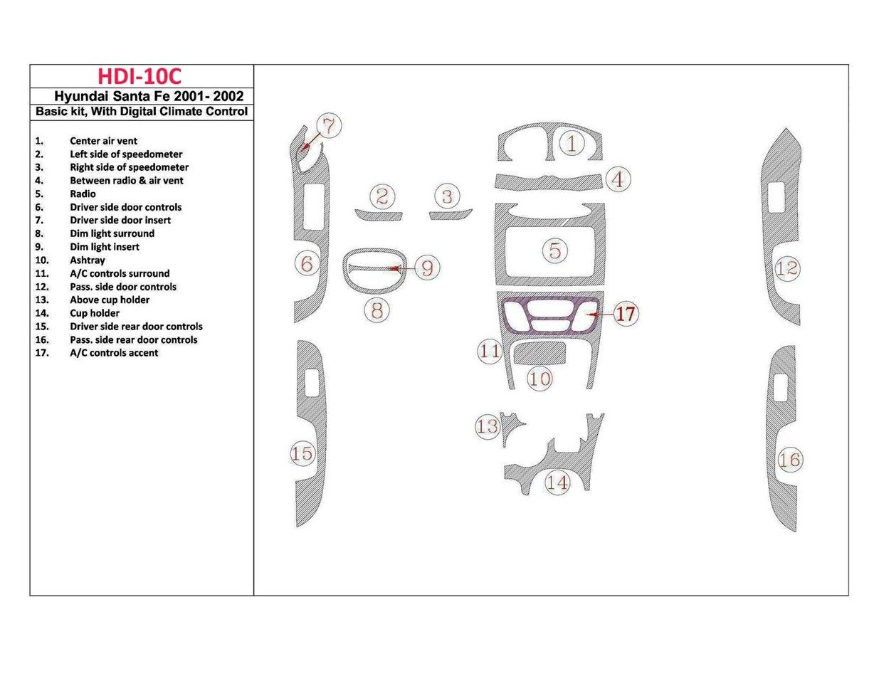 Hyundai Santa Fe 2001-2002 Basic Set, With Automatic Climate Control, 17 Parts set Interior BD Dash Trim Kit