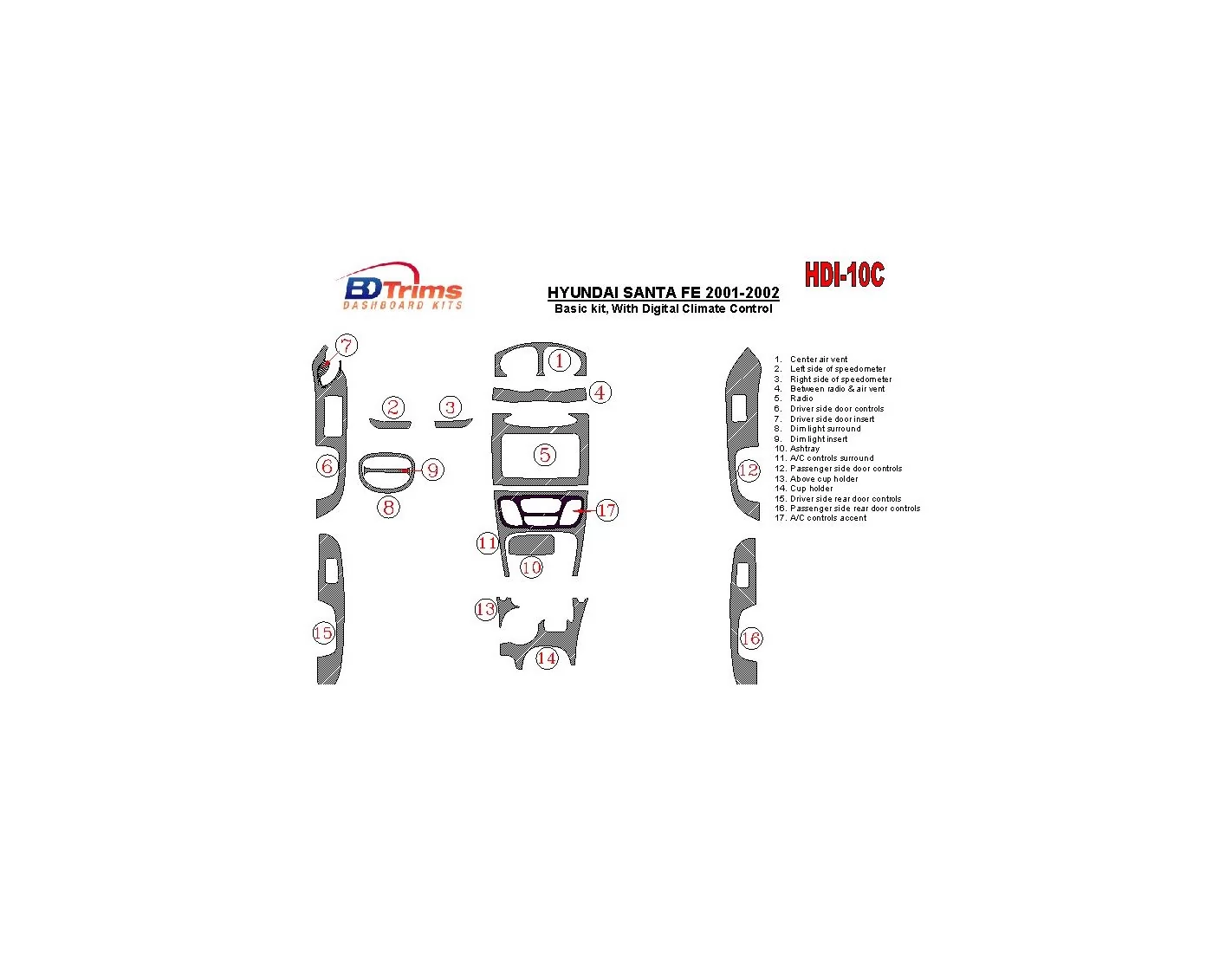 Hyundai Santa Fe 2001-2002 Basic Set, With Automatic Climate Control, 17 Parts set Interior BD Dash Trim Kit