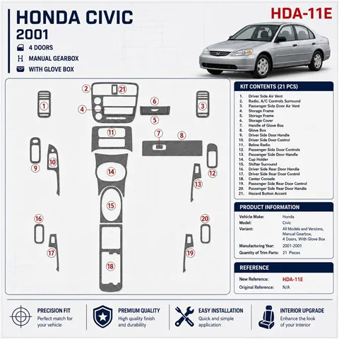 Honda Civic 2001-2001 Manual Gearbox, 4 Doors, with glowe-box, 21 Parts set Interior Dashboard Trim Kit Dash Trim Dekor