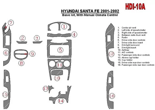 Hyundai Santa Fe 2001-2002 Basic Set, With Manual Gearbox, Climate Control, 16 Parts set BD Interieur Dashboard Bekleding Volhou