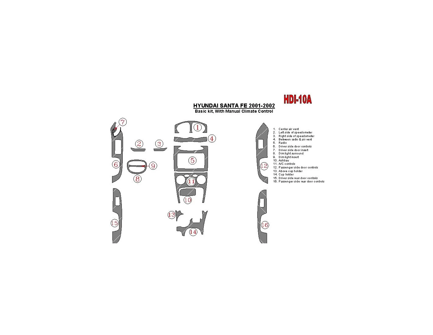 Hyundai Santa Fe 2001-2002 Basic Set, With Manual Gearbox, Climate Control, 16 Parts set Interior BD Dash Trim Kit