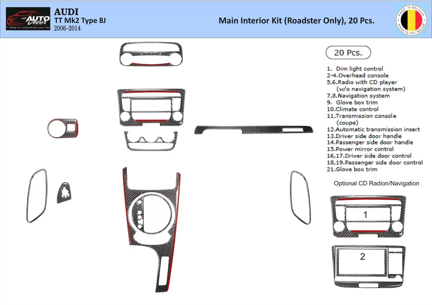 Audi TT 2008-2014-Roadster 3D Inleg dashboard Interieurset aansluitend en pasgemaakt op he 20 -Teile