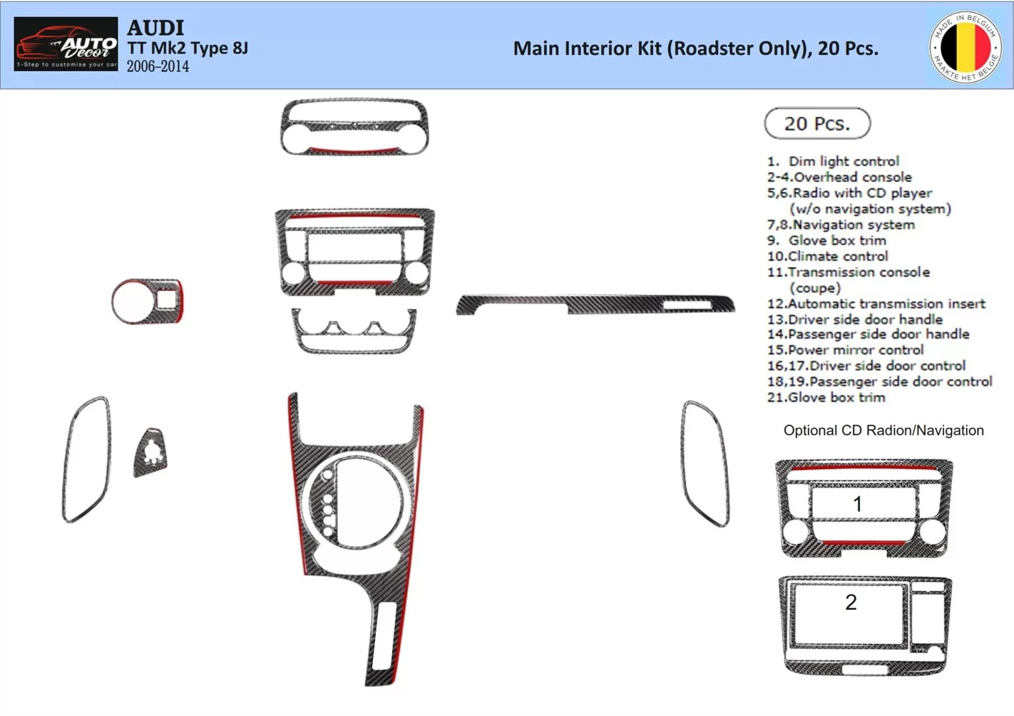 Audi TT 2008-2014-Roadster 3D Interior Dashboard Trim Kit Dash Trim Dekor 20-Parts