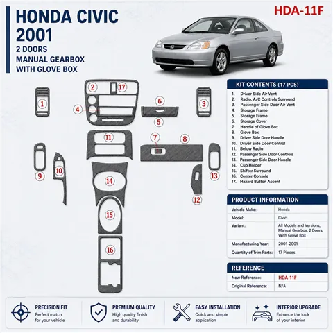 Honda Civic 2001-2001 Manual Gearbox, 2 Doors, with glowe-box, 17 Parts set Interior Dashboard Trim Kit Dash Trim Dekor