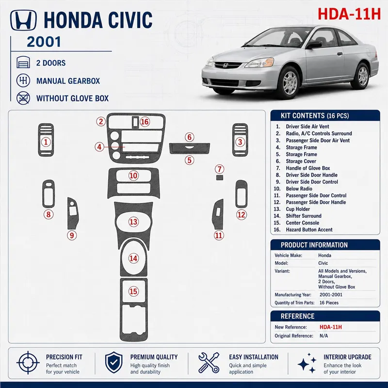 Honda Civic 2001-2001 caja manual, 2 Doors, Without glowe-box, 16 piezas set kit de molduras interiores para salpicadero