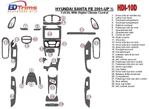 Hyundai Santa Fe 2001-2002 Full Set, With Automatic Climate Control, 30 Parts set Interior BD Dash Trim Kit
