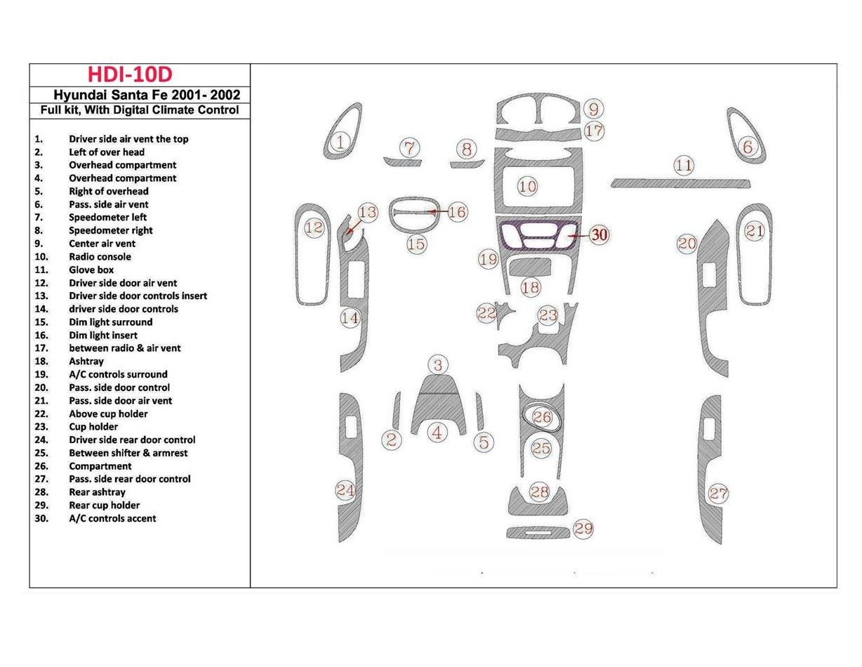 Hyundai Santa Fe 2001-2002 Full Set, With Automatic Climate Control, 30 Parts set Interior BD Dash Trim Kit
