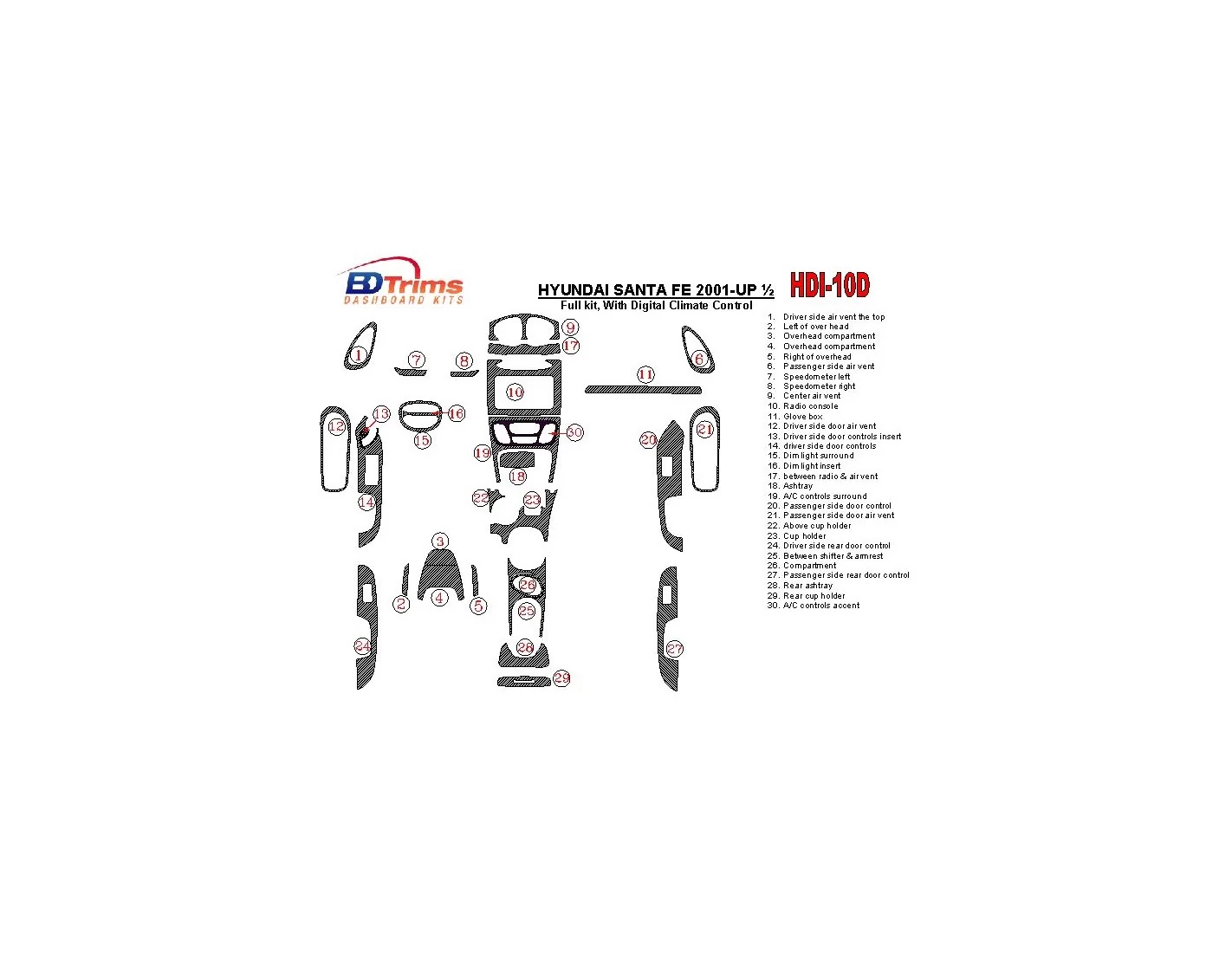 Hyundai Santa Fe 2001-2002 Full Set, With Automatic Climate Control, 30 Parts set Interior BD Dash Trim Kit