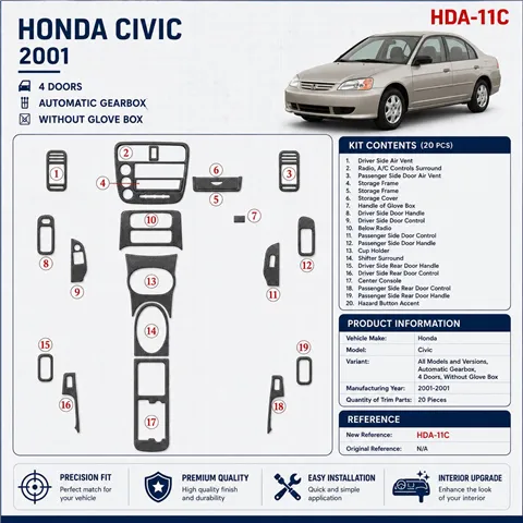 Honda Civic 2001-2001 Automatic Gearbox, 4 Doors, Without glowe-box, 20 Parts set Interior Dashboard Trim Kit Dash Trim Dekor