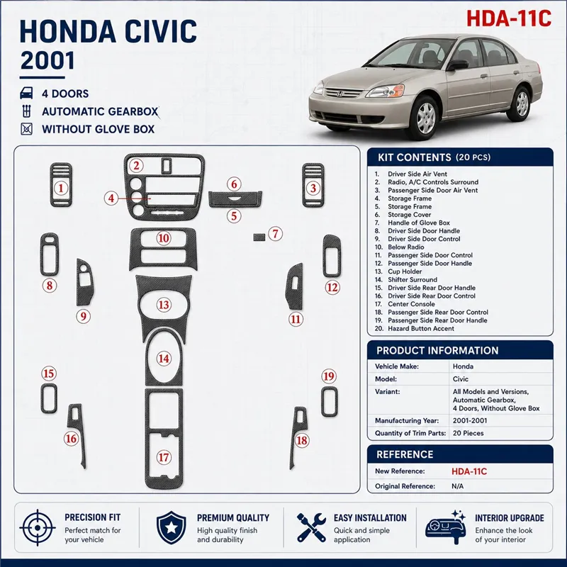 Honda Civic 2001-2001 caja automática, 4 Doors, Without glowe-box, 20 piezas set kit de molduras interiores para salpicadero