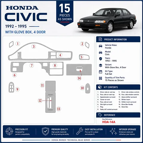 Honda Civic 1992-1995 3D Cockpit Dekor Interieurleisten Set As shown in product diagram-teilig