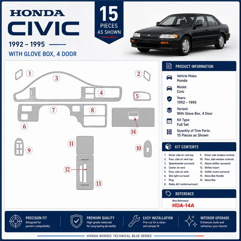 Honda Civic 1992-1995 2 Doors, With glowe-box Interior Dashboard Trim Kit Dash Trim Dekor