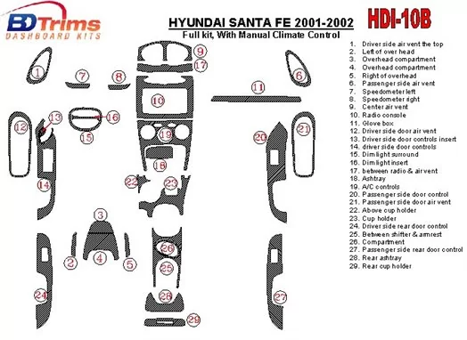 Hyundai Santa Fe 2001-2002 Full Set, With Manual Gearbox, Climate Control, 29 Parts set Cruscotto BD Rivestimenti interni