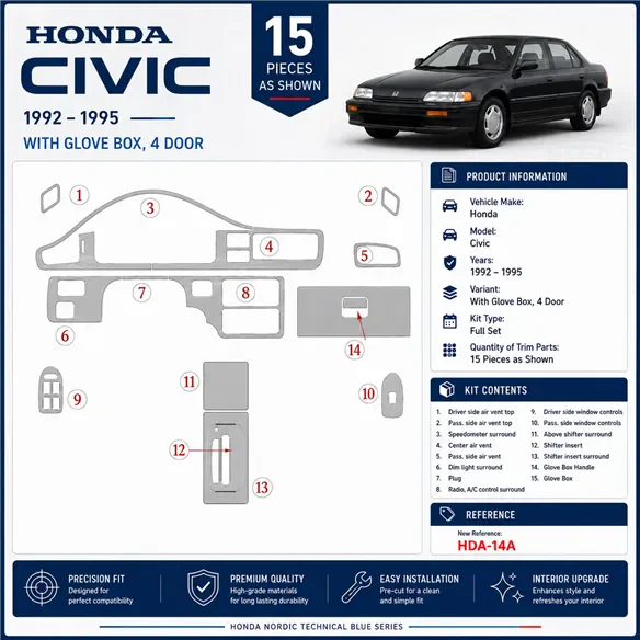 Honda Civic 1992-1995 2 Doors, With glowe-box Interior Dashboard Trim Kit Dash Trim Dekor