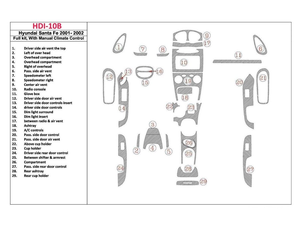 Hyundai Santa Fe 2001-2002 Full Set, With Manual Gearbox, Climate Control, 29 Parts set Interior BD Dash Trim Kit