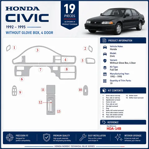 Honda Civic 1992-1995 2 Doors, Without glowe-box Interior Dashboard Trim Kit Dash Trim Dekor
