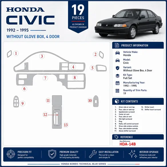 Honda Civic 1992-1995 2 Doors, Without glowe-box Interior Dashboard Trim Kit Dash Trim Dekor