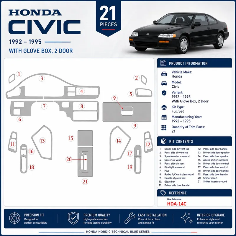Honda Civic 1992-1995 4 Doors, With glowe-box kit de molduras interiores para salpicadero