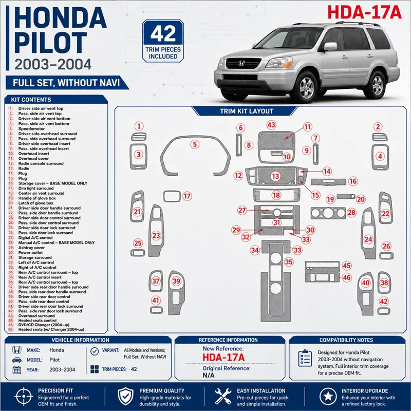 Honda Pilot 2003-2004 Full Set, Without NAVI, 42 delen set interieur dashboard decoratieset dashboard decor