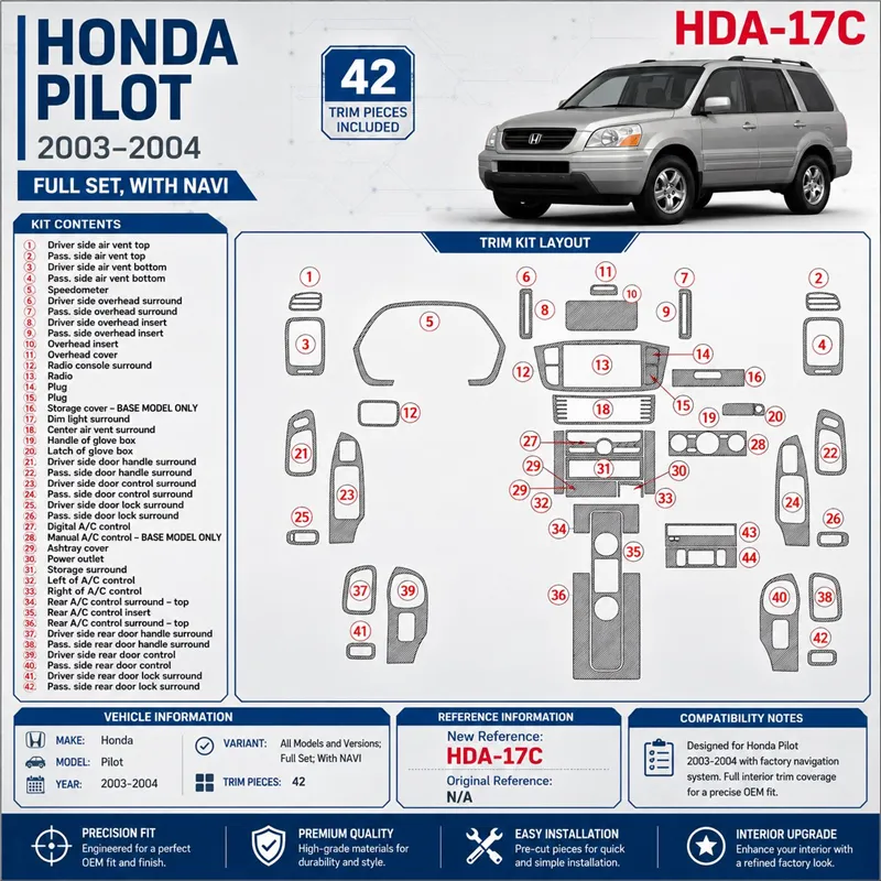Honda Pilot 2003-2004 Full Set, With NAVI, 42 delen set interieur dashboard decoratieset dashboard decor