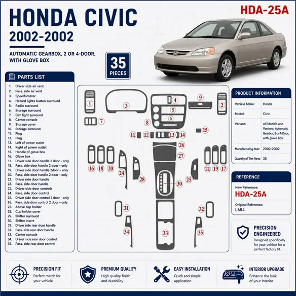 Honda Civic 2002-2002 Automatic Gearbox, 2 or 4 Doors, with glowe-box, 35 Parts set Interior Dashboard Trim Kit Dash Trim Dekor