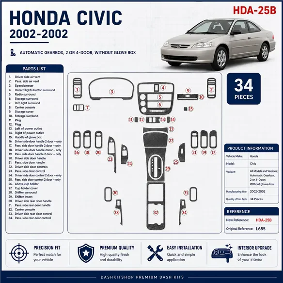 Honda Civic 2002-2002 Auto Gear, 2 or 4 Doors, Without glowe-box, 34 piezas set kit de molduras interiores para salpicadero
