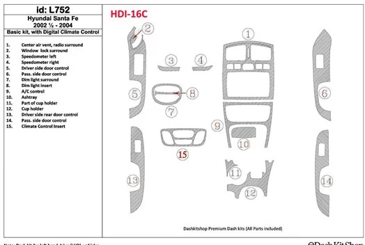 Hyundai Santa Fe 2002-2004 Basic Set, With Automatic Climate Control, 16 Parts set Interior BD Dash Trim Kit