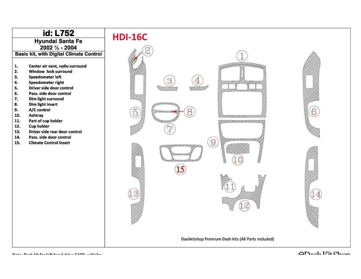 Hyundai Santa Fe 2002-2004 Basic Set, With Automatic Climate Control, 16 Parts set Decor de carlinga su interior