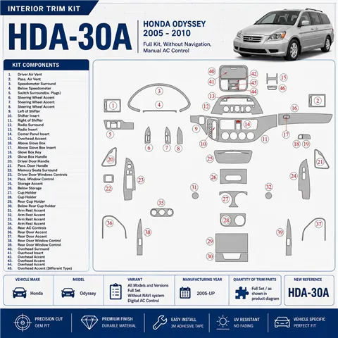 Honda Odyssey 2005-heden Full Set, Without NAVI system, Didital AC Control interieur dashboard decoratieset dashboard decor